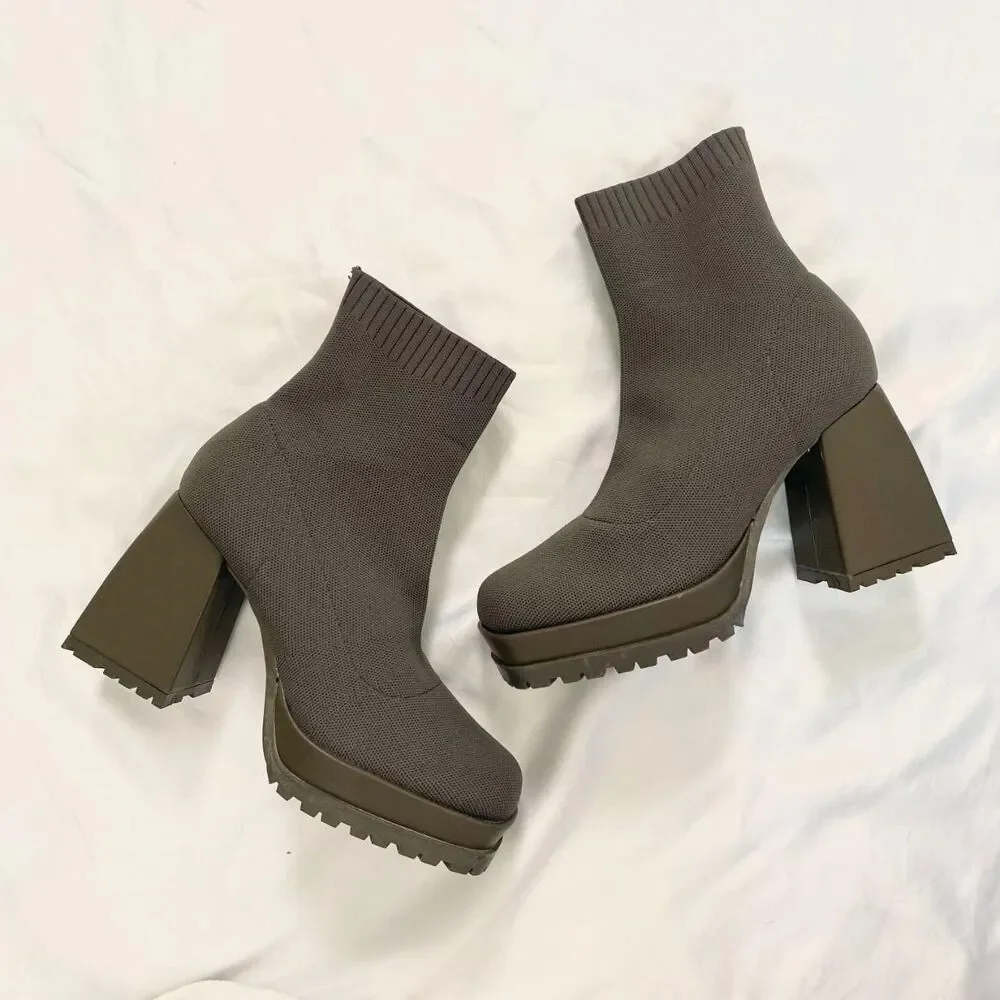 Lemonade Taupe Chunky Platform Sock Boots Lug Sole Block Heel Minimalist Boots 7